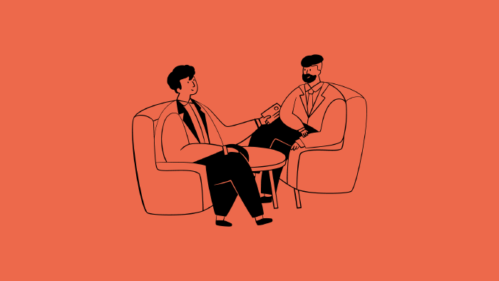 In den Fachworkshops arbeiten Expert:innen an möglichen Lösungen für das Wohnproblem – zur anschließenden Diskussion sind alle Interessierten eingeladen. © AK Vorarlberg Illustration zweier Personen, die sich in Sesseln gegenübersitzen und miteinander reden